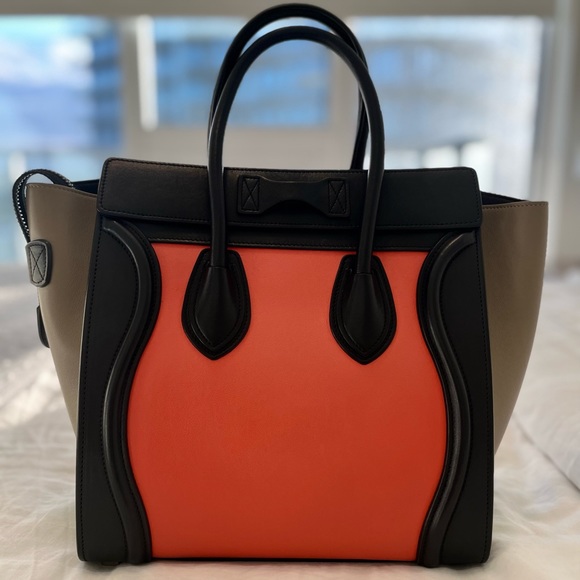 Celine micro luggage tote. Orange with taupe sides and black handle. - Picture 2 of 4